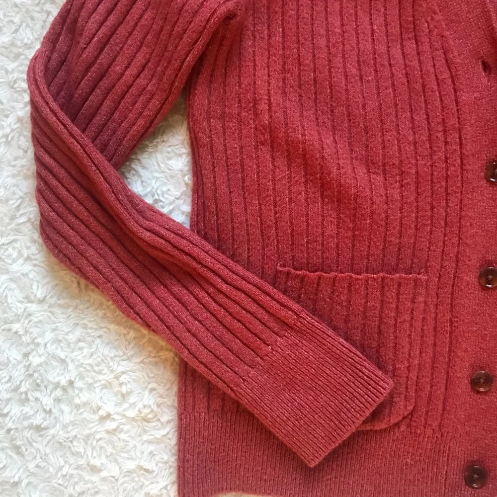 LOFT | Burnt Coral Ribbed Knit Button Down Cotton Cardigan - Picture 3 of 4